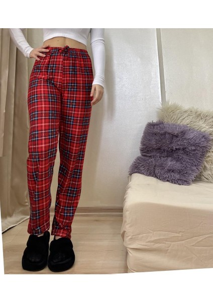 Kırmızı Yeşil Ekoseli Kareli Kadın Kadife Pijama Altı Eşofman Pamuklu