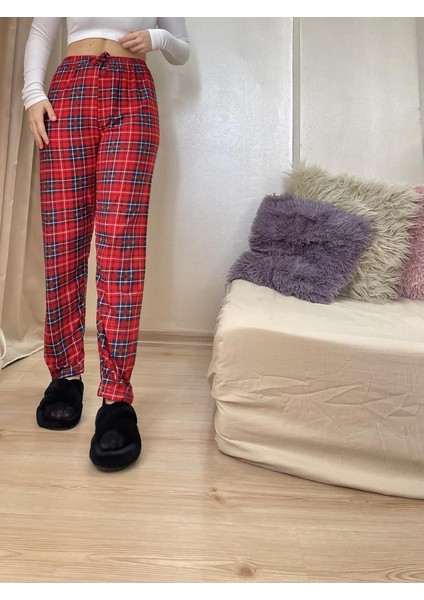 Kırmızı Yeşil Ekoseli Kareli Kadın Kadife Pijama Altı Eşofman Pamuklu fiyatları