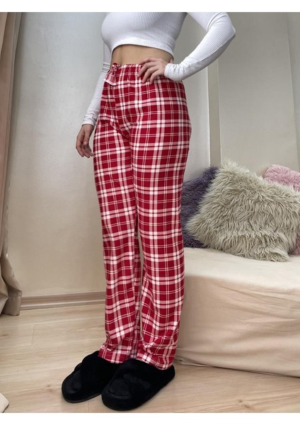 Kırmızı Yeşil Ekoseli Kareli Kadın Kadife Pijama Altı Eşofman Pamuklu fiyatları