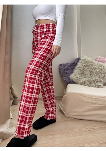 Kırmızı Yeşil Ekoseli Kareli Kadın Kadife Pijama Altı Eşofman Pamuklu modelleri