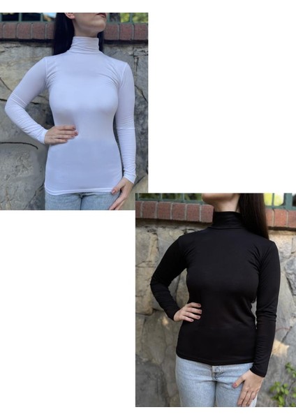 Kadın Uzun Kollu Yarım Balıkçı Yaka Body Beyaz 2 Adet