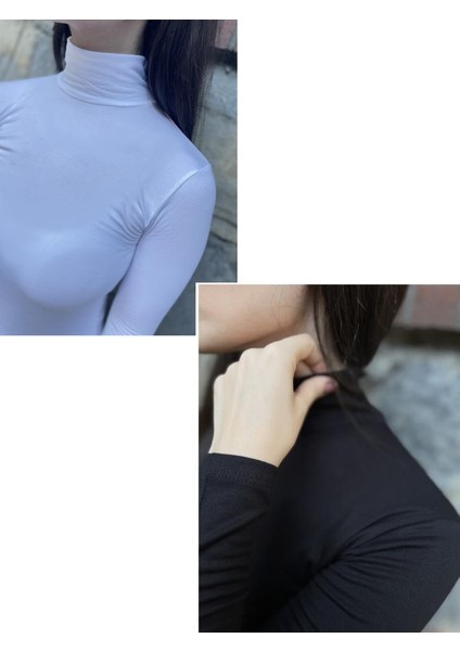 Kadın Uzun Kollu Yarım Balıkçı Yaka Body Beyaz 2 Adet