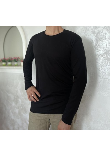 Erkek Elastan Bisiklet Yaka Uzun Kol 2 Adet Siyah T-Shirt modelleri