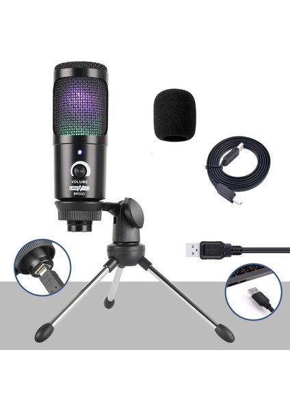 BM350 RGB USB Oyuncu ve Yayıncı Mikrofonu (Kayıt Gaming Tiktok Twitch Canlı yayın Discord)