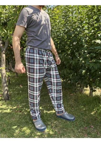 Erkek Pamuk Cepsiz Beli Lastikli Pijama Altı Eşofman Lacivert Beyaz Çizgili