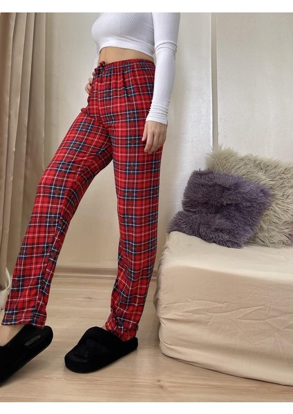 Kırmızı Yeşil Ekoseli Kareli Kadın Kadife Pijama Altı Eşofman Pamuklu modelleri