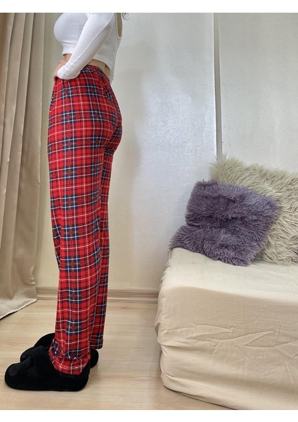 Kırmızı Yeşil Ekoseli Kareli Kadın Kadife Pijama Altı Eşofman Pamuklu fırsatları
