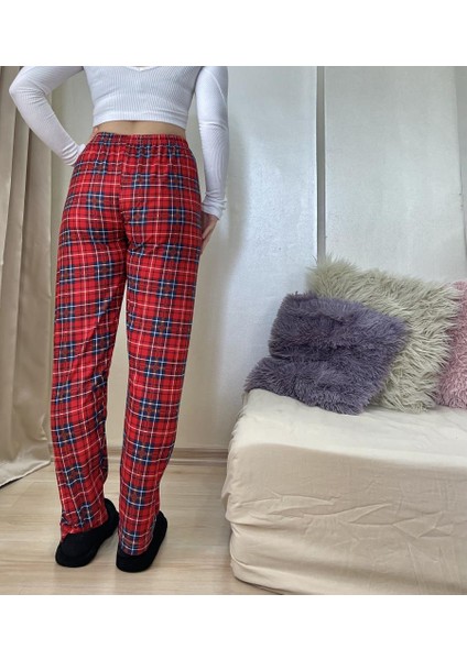 Kırmızı Yeşil Ekoseli Kareli Kadın Kadife Pijama Altı Eşofman Pamuklu indirimleri