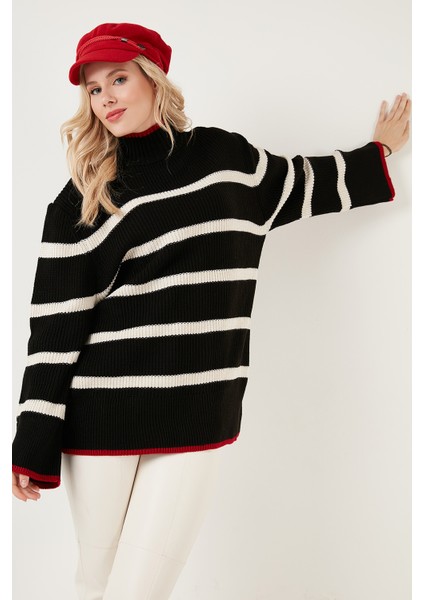 Çizgili Balıkçı Yaka Geniş Kollu Örme Kazak Bayan Kazak 4615144