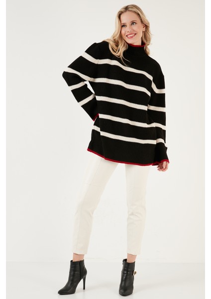 Çizgili Balıkçı Yaka Geniş Kollu Örme Kazak Bayan Kazak 4615144 modelleri