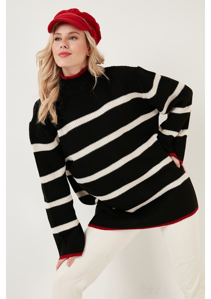 Çizgili Balıkçı Yaka Geniş Kollu Örme Kazak Bayan Kazak 4615144 fırsatları