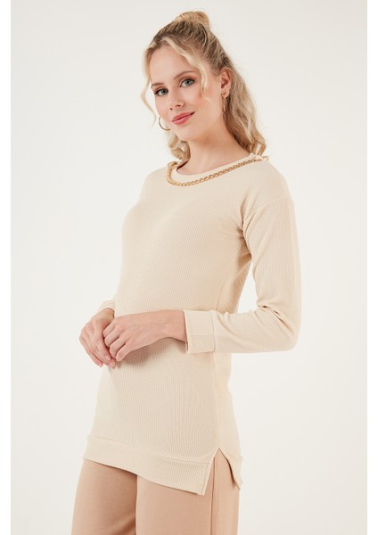 Zincir Detaylı Regular Fit Bisiklet Yaka Esnek Bluz Bayan Bluz 5865347 modelleri