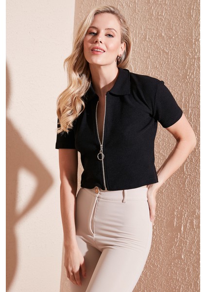 Esnek Fermuarlı Gömlek Yaka Crop Bluz Bayan Bluz 5865346
