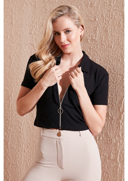Esnek Fermuarlı Gömlek Yaka Crop Bluz Bayan Bluz 5865346 fiyatları