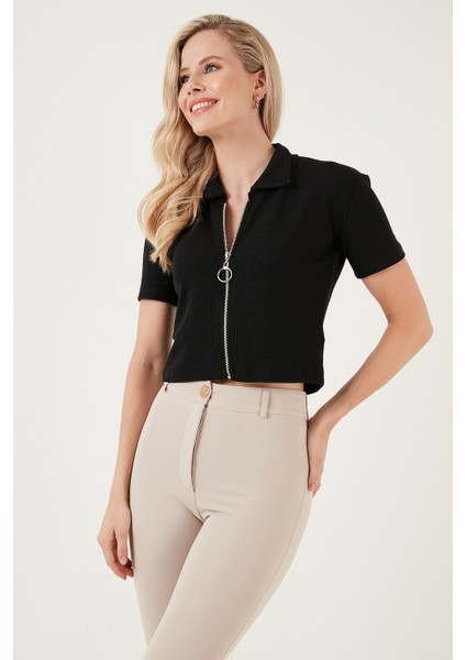 Esnek Fermuarlı Gömlek Yaka Crop Bluz Bayan Bluz 5865346 modelleri