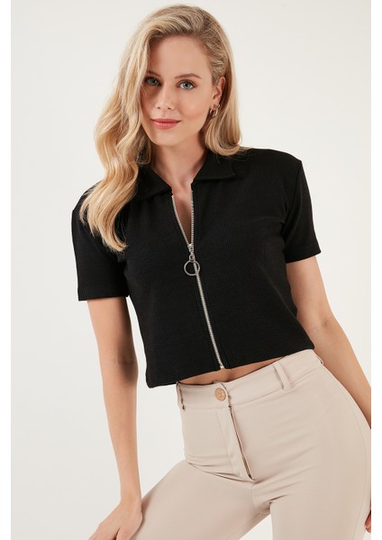 Esnek Fermuarlı Gömlek Yaka Crop Bluz Bayan Bluz 5865346 fırsatları