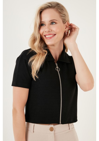 Esnek Fermuarlı Gömlek Yaka Crop Bluz Bayan Bluz 5865346 indirimleri