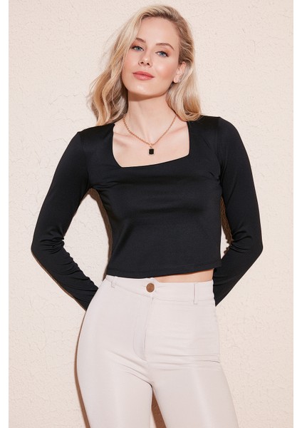 Slim Fit Kare Yaka Crop Bluz Bayan Bluz 5865403