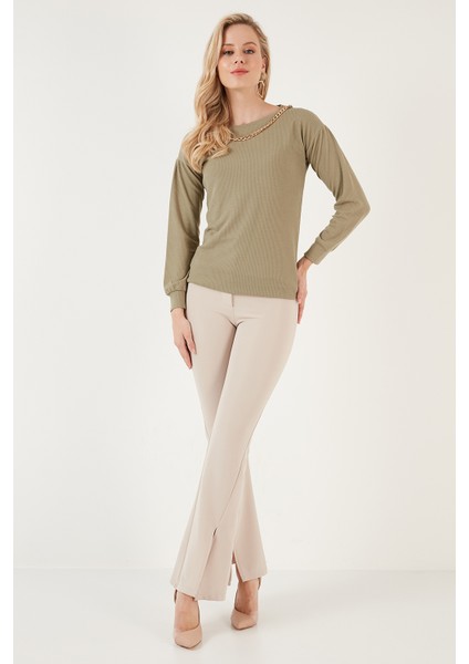Zincir Detaylı Regular Fit Bisiklet Yaka Esnek Bluz Bayan Bluz 5865347 modelleri