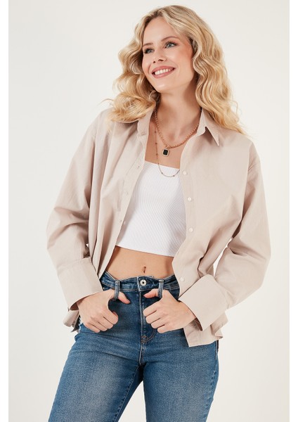 Oversize % 100 Pamuk Poplin Gömlek Bayan Gömlek CF21S163867 fırsatları