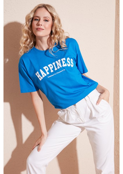 Baskılı Pamuklu Oversize Bisiklet Yaka T Shirt Bayan T Shirt 541HAPPINESS