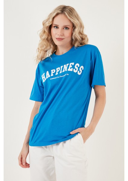 Baskılı Pamuklu Oversize Bisiklet Yaka T Shirt Bayan T Shirt 541HAPPINESS