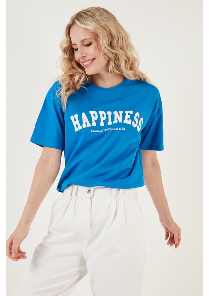 Baskılı Pamuklu Oversize Bisiklet Yaka T Shirt Bayan T Shirt 541HAPPINESS