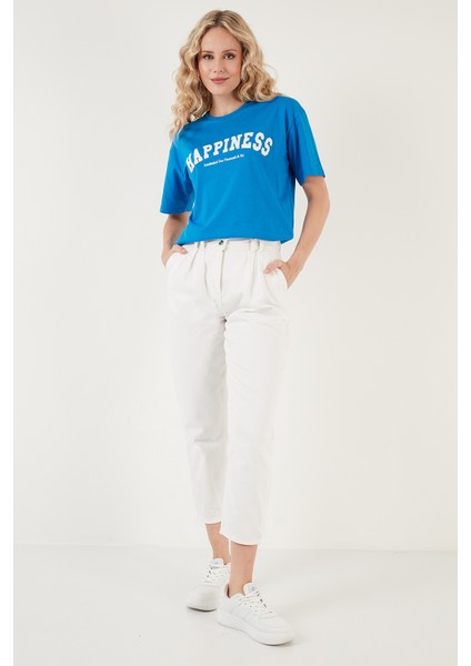 Baskılı Pamuklu Oversize Bisiklet Yaka T Shirt Bayan T Shirt 541HAPPINESS