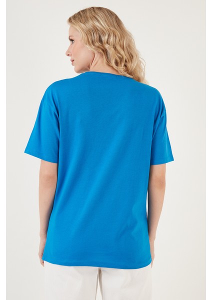 Baskılı Pamuklu Oversize Bisiklet Yaka T Shirt Bayan T Shirt 541HAPPINESS