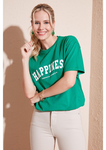 Baskılı Pamuklu Oversize Bisiklet Yaka T Shirt Bayan T Shirt 541HAPPINESS