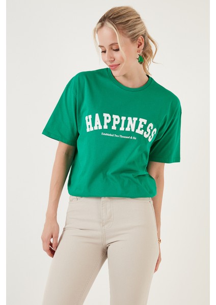Baskılı Pamuklu Oversize Bisiklet Yaka T Shirt Bayan T Shirt 541HAPPINESS