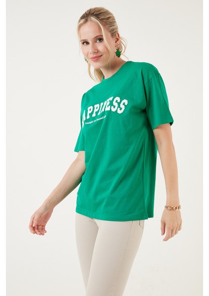 Baskılı Pamuklu Oversize Bisiklet Yaka T Shirt Bayan T Shirt 541HAPPINESS