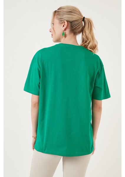 Baskılı Pamuklu Oversize Bisiklet Yaka T Shirt Bayan T Shirt 541HAPPINESS