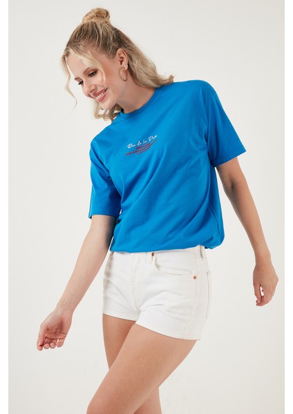 Yazılı Detaylı Pamuklu Oversize Bisiklet Yaka T Shirt Bayan T Shirt 541RUEDELA