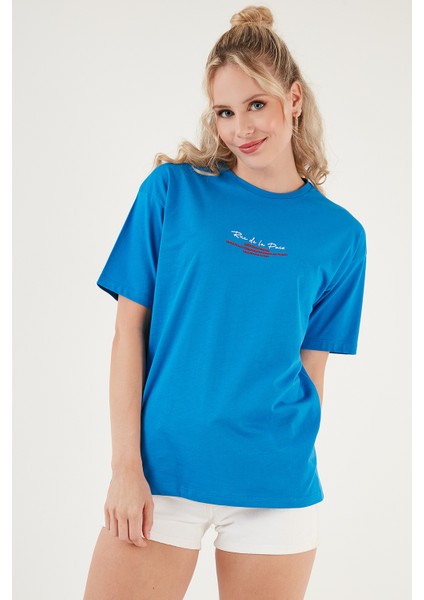 Yazılı Detaylı Pamuklu Oversize Bisiklet Yaka T Shirt Bayan T Shirt 541RUEDELA fiyatları