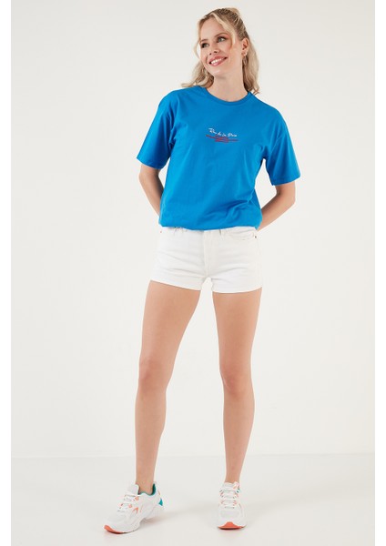 Yazılı Detaylı Pamuklu Oversize Bisiklet Yaka T Shirt Bayan T Shirt 541RUEDELA modelleri