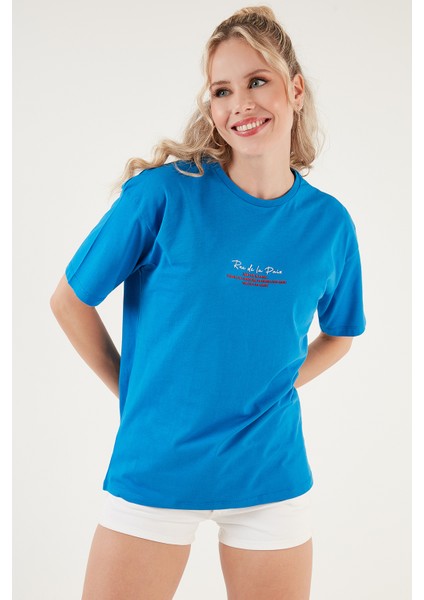 Yazılı Detaylı Pamuklu Oversize Bisiklet Yaka T Shirt Bayan T Shirt 541RUEDELA fırsatları