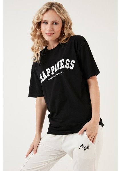 Baskılı Pamuklu Oversize Bisiklet Yaka T Shirt Bayan T Shirt 541HAPPINESS fırsatları