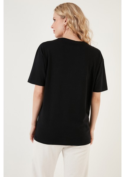 Baskılı Pamuklu Oversize Bisiklet Yaka T Shirt Bayan T Shirt 541HAPPINESS indirimleri