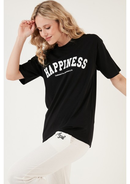 Baskılı Pamuklu Oversize Bisiklet Yaka T Shirt Bayan T Shirt 541HAPPINESS