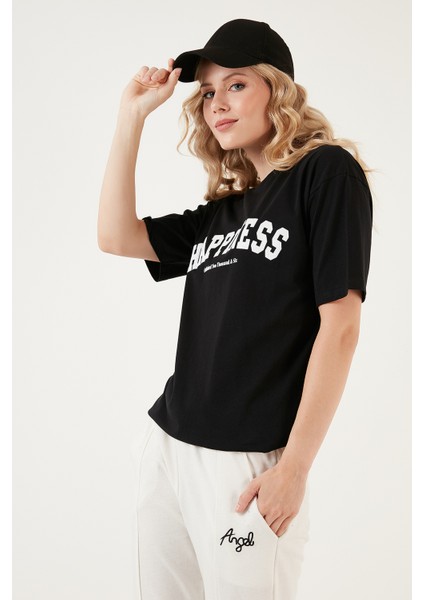 Baskılı Pamuklu Oversize Bisiklet Yaka T Shirt Bayan T Shirt 541HAPPINESS modelleri