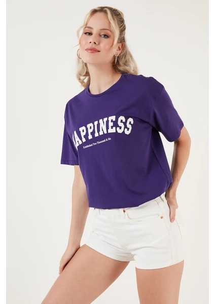 Baskılı Pamuklu Oversize Bisiklet Yaka T Shirt Bayan T Shirt 541HAPPINESS