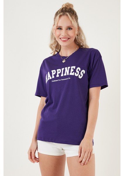 Baskılı Pamuklu Oversize Bisiklet Yaka T Shirt Bayan T Shirt 541HAPPINESS