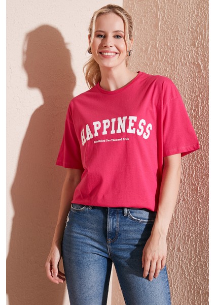 Baskılı Pamuklu Oversize Bisiklet Yaka T Shirt Bayan T Shirt 541HAPPINESS
