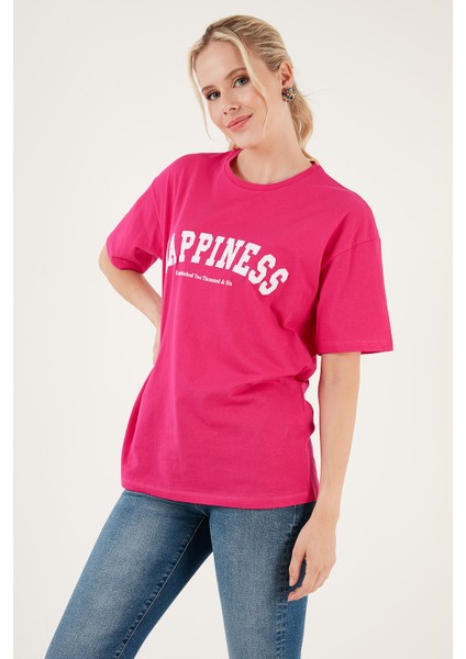 Baskılı Pamuklu Oversize Bisiklet Yaka T Shirt Bayan T Shirt 541HAPPINESS fiyatları