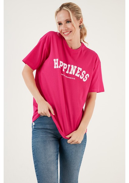 Baskılı Pamuklu Oversize Bisiklet Yaka T Shirt Bayan T Shirt 541HAPPINESS modelleri