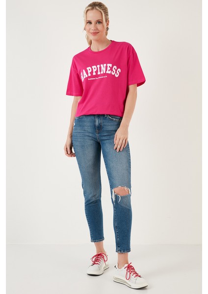 Baskılı Pamuklu Oversize Bisiklet Yaka T Shirt Bayan T Shirt 541HAPPINESS fırsatları