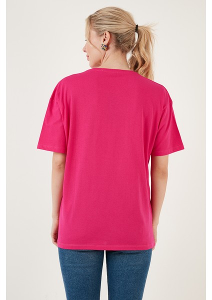 Baskılı Pamuklu Oversize Bisiklet Yaka T Shirt Bayan T Shirt 541HAPPINESS indirimleri