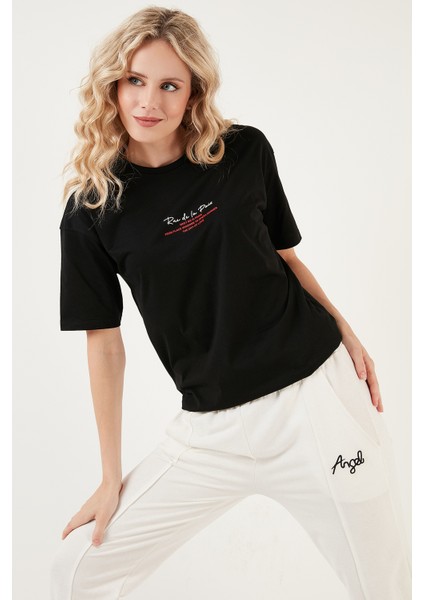 Yazılı Detaylı Pamuklu Oversize Bisiklet Yaka T Shirt Bayan T Shirt 541RUEDELA