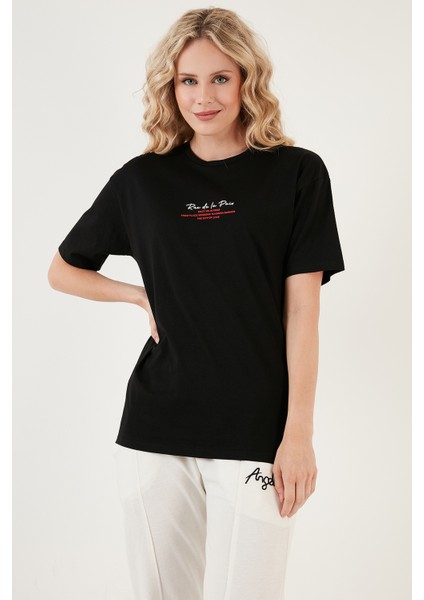 Yazılı Detaylı Pamuklu Oversize Bisiklet Yaka T Shirt Bayan T Shirt 541RUEDELA fiyatları